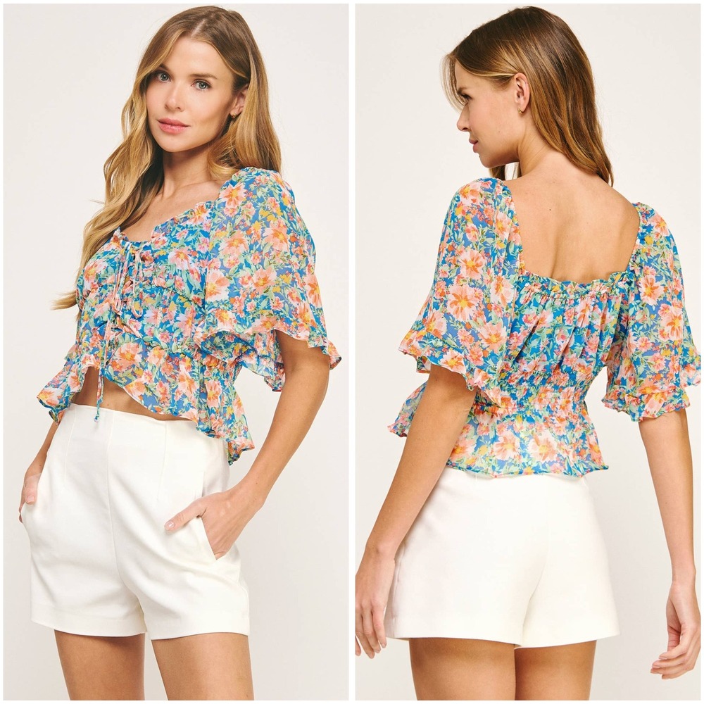 Lily Star Romance Floral Print Top‎ Ruffle Sleeve Lace Up Blouse Size Small